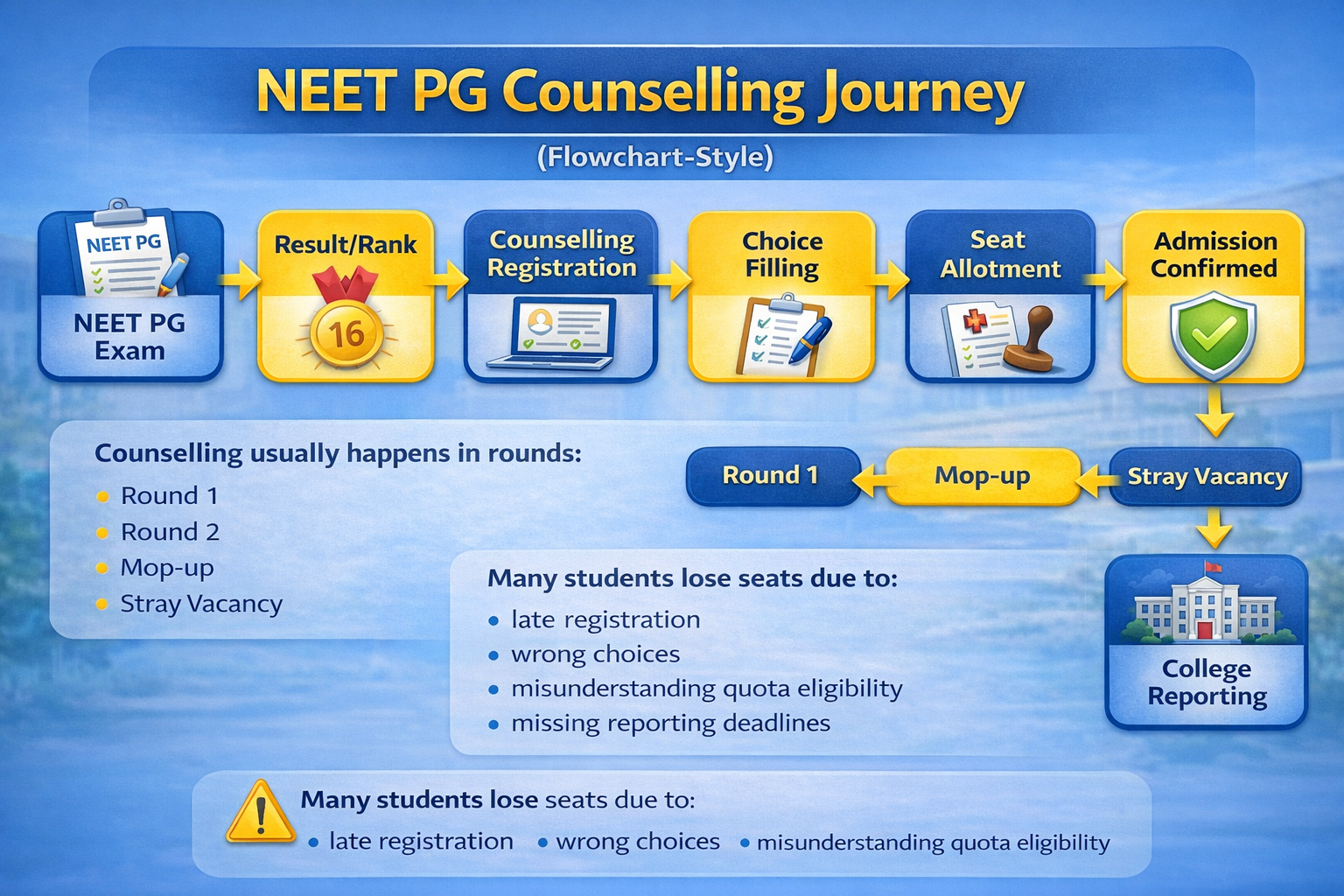 NEET PG counselling journey flowchart showing exam, result, registration, choice filling, seat allotment, document verification and admission confirmation.